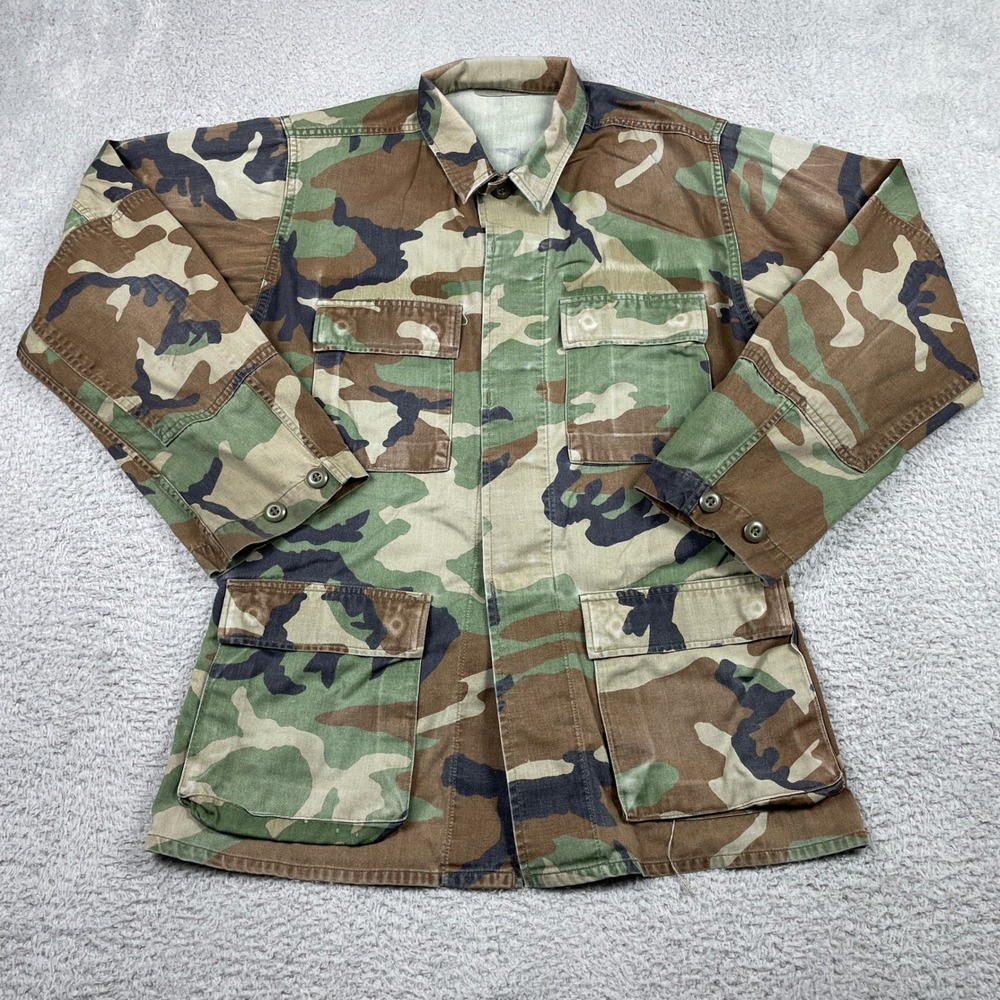 Vintage US Military Woodland Camo Combat Shirt Jacket Mens Small Green 1982 BDU